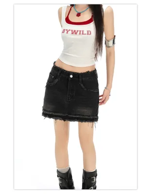 Vintage Distressed Denim Sexy Mini Skirt for Women Streetwear Y2K Style Low Rise Frayed Hem Casual A-Line Tassel Summer