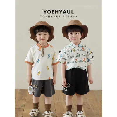 N4893 NO MOQ Summer Cute Boys Shirts and Pants Sets Cotton Short Sleeve Cartoon Kids Boys Tshirt Set Cheap