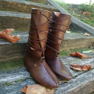 Medieval Elf Princess Noble Lace up Single Shoes Carnival Men Knight Prince Leather Boots Prop Halloween Cosplay Costume