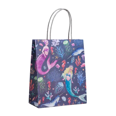 Recyclable Kraft Tote Bags Underwater Mermaid Pattern Gray Paper Rope Handles Support Custom logo Kids Themed Party Gifts