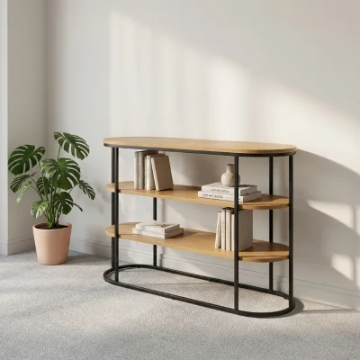 3-Tier Console Table Modern Oval Wood Shelves Black Metal Frame Storage Display Rack for Living Room
