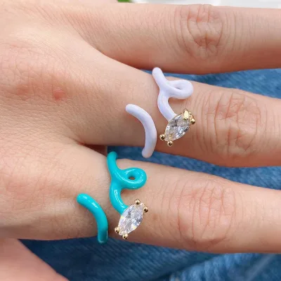 Colorful Zircon Cute Snake Finger Adjustable Ring Hot Sale Rainbow Enamel Ring Tiktok Popular Twisted Ring