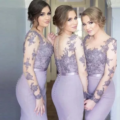 #6007 Round Neck Purple Cheap Fat Floral Long Sleeve Lilac O-Neck Sheath Lace Soft Satin Latest Bridesmaid Wedding Dress