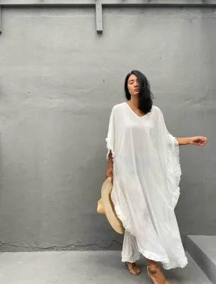 VISROVER Women's Cotton Bohemian Casual Summer Beach Maxi Dress with Belt Loose Oversized Woven Style Beach Cover-Up Bikini Top