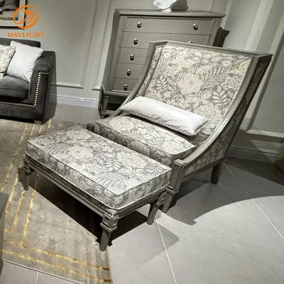 Luxury Modern Footstool/Ottoman with Jacquard/Embossed Fabric and Metal Stud Trim, High-End Accent Seating for Hotel Suite