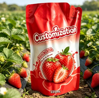 Customized Printed Disposable Stand up Pouch with Built-in Straw 220ml Liquid Beverage Packaging