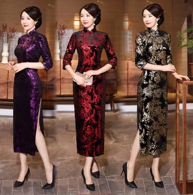 Ecowalson  Chinese Style Qipao Sexy Women Plus Size Cheongsam Vintage Classic Chinese Dress Dragon and Phoenix Long Vestidos