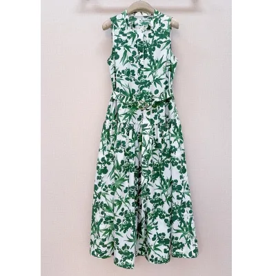 100%Cotton Summer Dress 2026 Fashion Design Women Geen Leaves Print Belt Deco Sleeveless Mid-Calf Length Party Elegant Dress