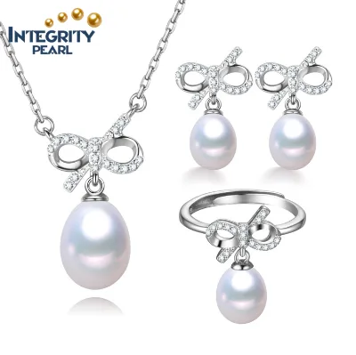 Bow-knot Fashionable Freshwater Real Genuine Pendant Earring Ring Classic Bridal Wedding Pearl Set Designs