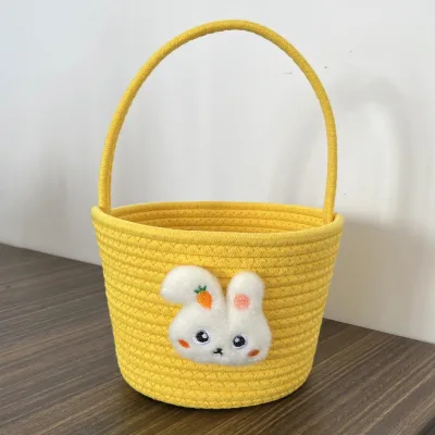 Kawaii Easter Bunny Basket Soft Woven Rabbit Basket with Plush Decoration for Easter Egg Holder Festival Party Gift