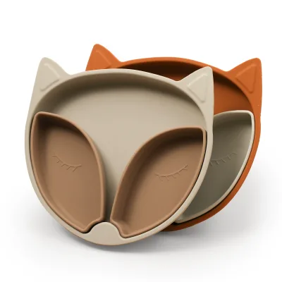 Adorable Silicone Fox Baby Plate with Suction, Removable Plate Divider Pots for Baby and Toddlers