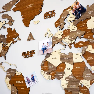Multilayered 3D Wooden World Map Travel Map With States and Capitals for Office Decor Birthday Present or Living Room Wall Art