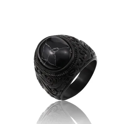 Men Vintage Stainless Steel Gemstone White Black Stone tiger Eye Oval Shaped Turquoise Finger Rings