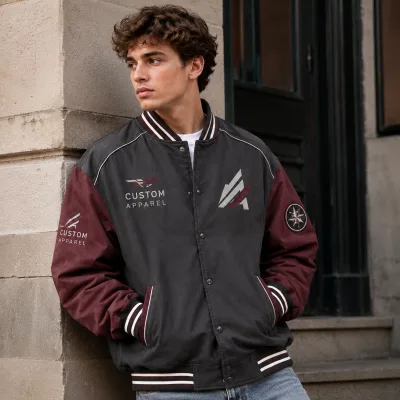 Custom Logo Jacket Supplier Charcoal Burgundy Contrast Sleeve Washed Heavyweight Graphic Embroidery Mens Varsity Jacket