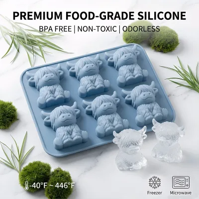 Silicone Mini Highland Cow Ice Cube Mold 6 Cavity Silicone Tray for Cooling Drinks 3D Highland Cow Ice Cube Mold Tray