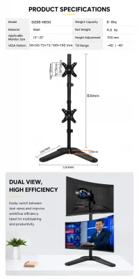 Dual Monitor Stand 820mm Height Adjustable Rotation 360° Tilt ±45° Monitor Desktop Stand for 13 to 32 Inch Model DZ08-H850