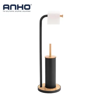 Toilet Brush Set 2-in-1 Free Standing Toilet Brush Holder Iron Metal Frame with Wood & Plastic Brush Head for Home Restroom