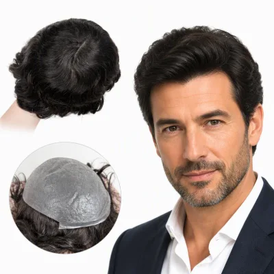 Men's Toupee Human Hair Full Skin Base Salt and Pepper Invisible Natural Hairline V-looped 0.04 Ultra Thin Skin Hair System 8x10