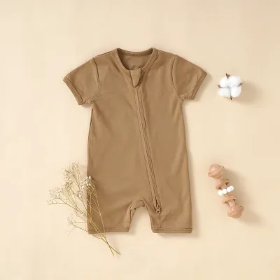 100% Organic Cotton Short Sleeve Solid Color Newborn Baby Clothes Baby Zipsuit