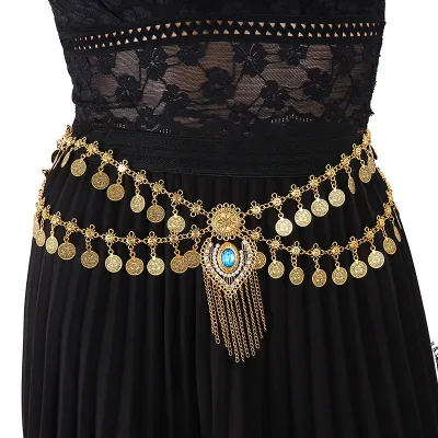 European American Retro Style Beaded Body Chain with New Diamond Coin Tassel Double Waist Beach Belly Dance-Wholesale
