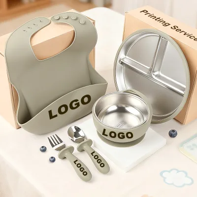 Custom Logo Printed 4Pcs Bpa Free Toddler Kids Baby Feeding Set Box Suction Food Grade Silicone Heat-resistant Bowl