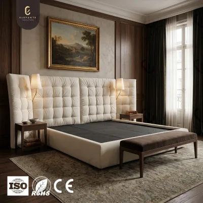Custom Luxury Fabric Upholstered Double Bed with High Back Headboard Solid Wood Frame for High End Apartment Sky Villa Bedroom