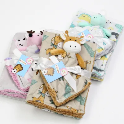 Baby Double Layer Printed Blanket Short Plush Sherpa Throw Swaddle Security Comforter Animal Doll Lovie Blanket