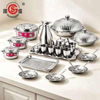 Wholesale 28 PCS Stainless Steel Tableware Set Dinner Set With Food Warmer Flask Teapot Metal Plates Cutlery Set
