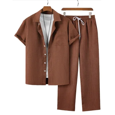 Men's Two-piece Short Sleeve Shirt and Pants Casual Versatile Sports Outdoor Clothing Set Ice Silk Summer Thin Set