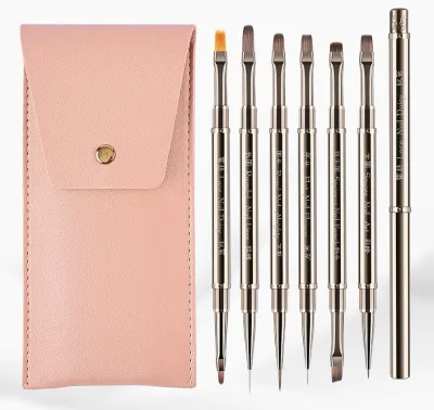 6pcs Dual-Ended Metal Nail Brush Set with Case Salon Kit for Builder, Liner, Painting & Base, Customizable Nail Tools Wholesale