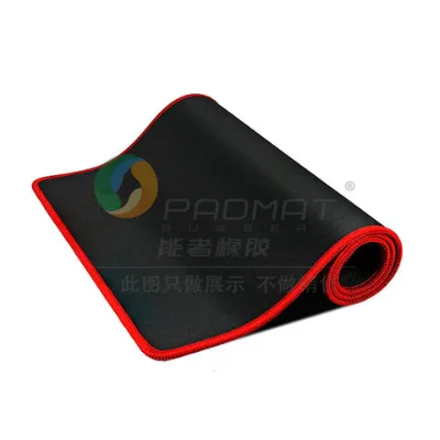 Solid black plain mouse pad with red stitched edges