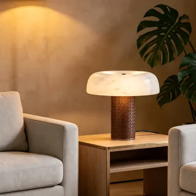 Showroom Light, Natural Alabaster Table Lamp, Hotel Villa High-end Lighting Fixture, Luxury Leather Bedroom Desk