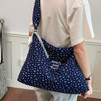 Korean Style Floral Print Canvas Underarm Bag Women 2026 New Large Capacity Single Shoulder Bag with Zipper Closure
