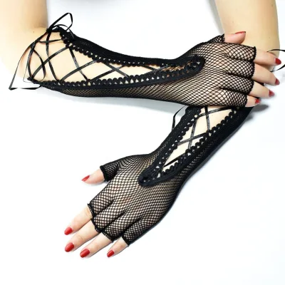 New Fashion Black Long Fingerless Bridal Gloves Evening Elbow Length Steampunk Fishnet 100% Polyester Breathable