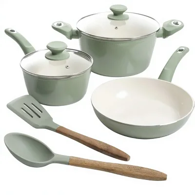 Home Plaza Healthy PFA-Free Ceramic Coating Bakelite Hand Grip Pots Pans 7-Piece Cookware Set Mint