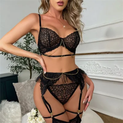 Erotic Lingerie 5-Piece Set Flower Pipple Embroidered Intimates With Garters Women Black Sexy Underwear