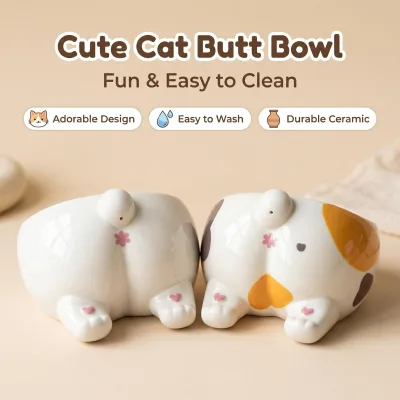 Cute Cat Butt Shaped Large Ceramic Pet Bowl Fun and Easy to Clean Feeder for Cats and Small Dogs White and Calico Designs