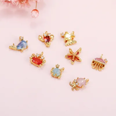 Hot Selling DIY Accessory Colorful Zircon Marine Animal Pendant Necklace with Gold Beads Handmade Jewelry