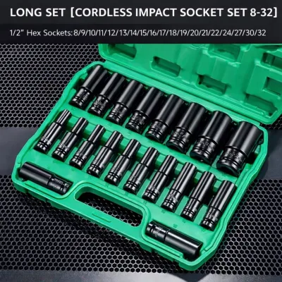 High Carbon Steel 1/2 Inch Drive Hex Impact Socket Set for Electric Impact Wrench Heavy Duty Power Tool Socket Set 8-32mm