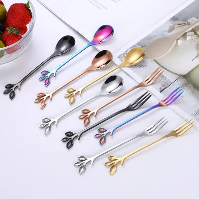 Leaf Spoon, Stainless Steel Coffee Spoon, Nordic Simple Mixing Spoon, Gold Stainless Steel Spoon, European Small Spoon and Fork