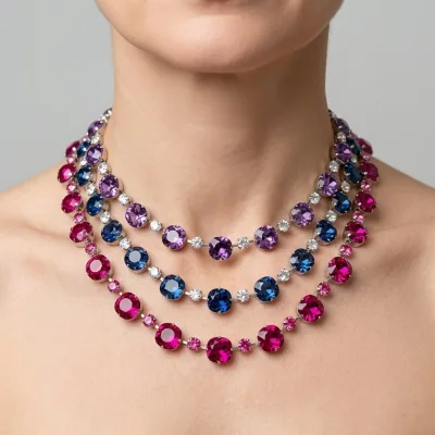 Women Luxury Fashion Fine Jewelry Brass Inlaid Multi Colors Crystal Tennis Chian Necklace for Party Evening Wedding Wear