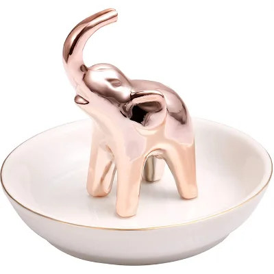 Ceramic Rose Golden Elephant Ring Holder Ring or Bracelet Rack for Jewelry Trinket Storage