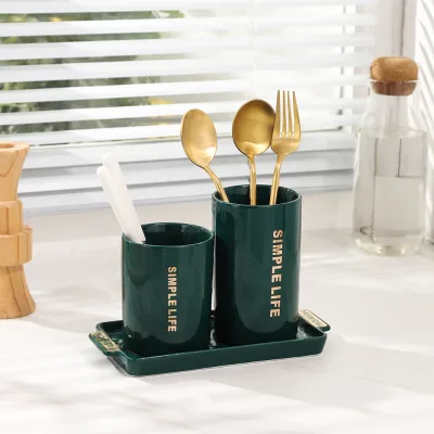 Ceramic Jar with Bottom Drain Design for Holding Flatware Green Color Ceramic Holder for Holding Spoon Fork Knife Chopsticks
