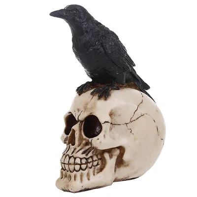 Resin Craft Statue Human Skull Black Bird Raven Statue Sculpture Bar Decor Accessories Art Crow Skull Ornament
