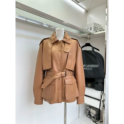 Women's 2025 Winter New Elegant Leather Jacket - Belted Waist Soft Slim Fitted Fashionable Chic Elevated Outerwear