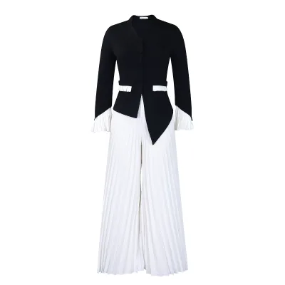 Spring New Fashion Women's Casual Two-Piece Set Bell Sleeve Top Pleated Wide Leg Pants African