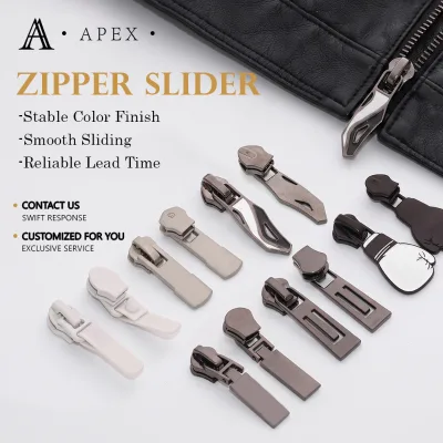 APEX Zipper Manufacturer Custom Zinc Alloy Auto Lock Sliders Engraved Logo Pull Tabs Decorative Zipper Puller for Handbags