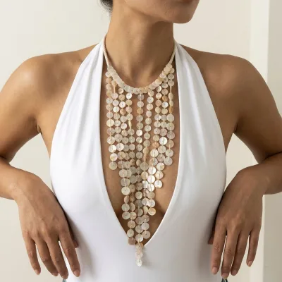 Boho Multi Layer Shell Disc Tassel Long Rope Chain Women's Natural Mother Pearl Fringe Bib Necklace Beach Vacation Jewelry