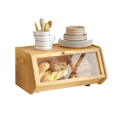 Wholesale Bamboo Bread Box with Acrylic,Wooden Bread Box for Bread Storage,Wood Bread Storage Organizer for Kitchen Countertop