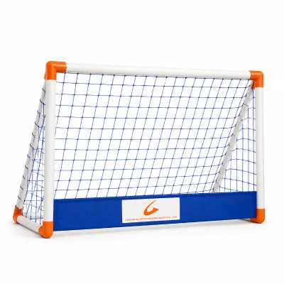 Portable Kids Soccer Goal White PVC Frame Football Net with Orange Connectors and Blue Mesh for Backyard Training